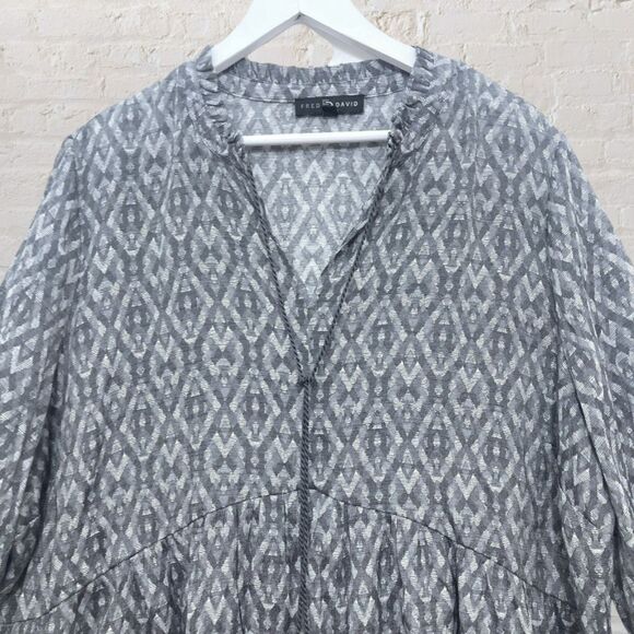 Fred David Ikat Peasant Blouse 2X – Gray Boho Tunic Balloon Sleeve Top - Picture 5 of 16